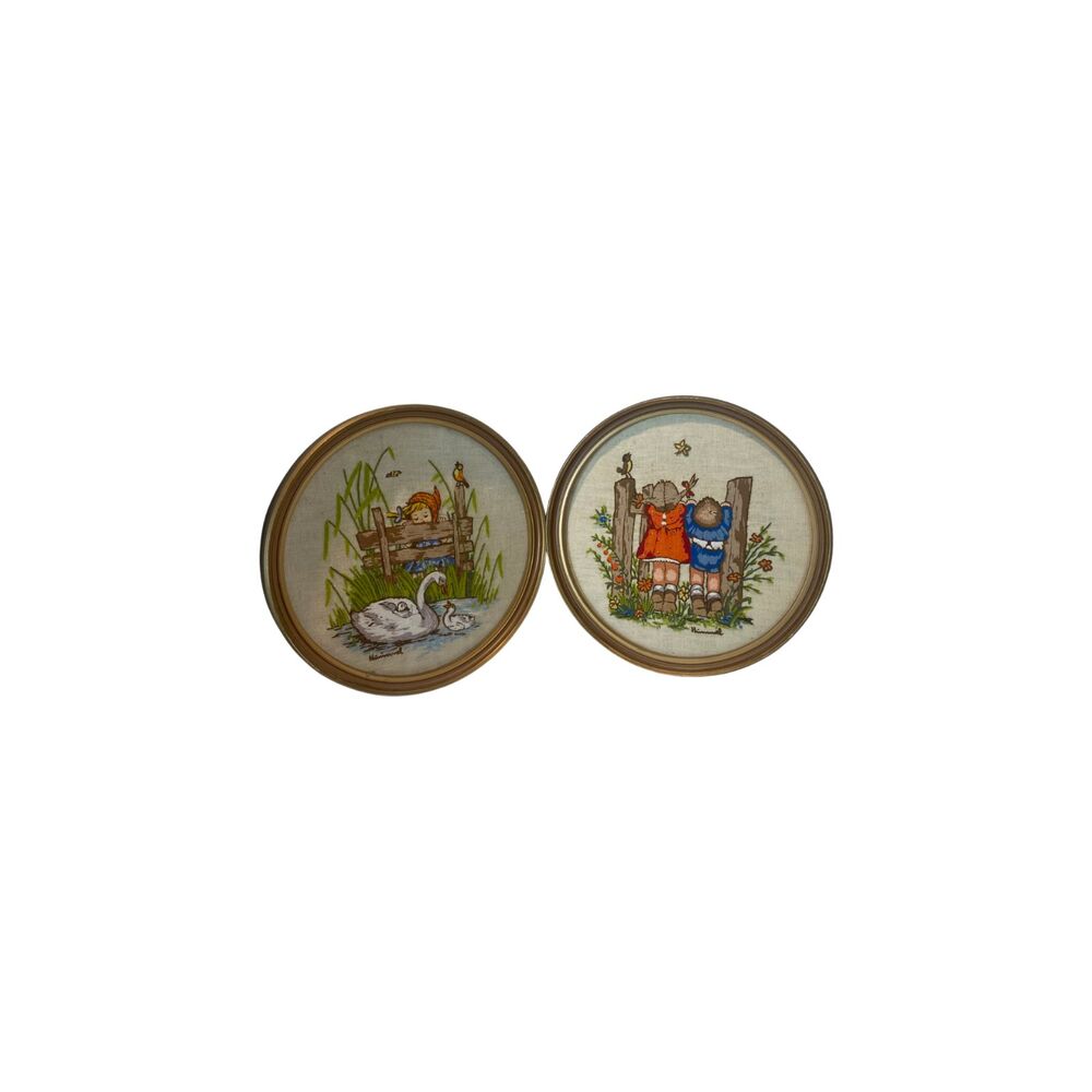 Pair Vintage 1970s Hummel Crewel Embroidery Framed Pictures 13” Gold Tone Frames